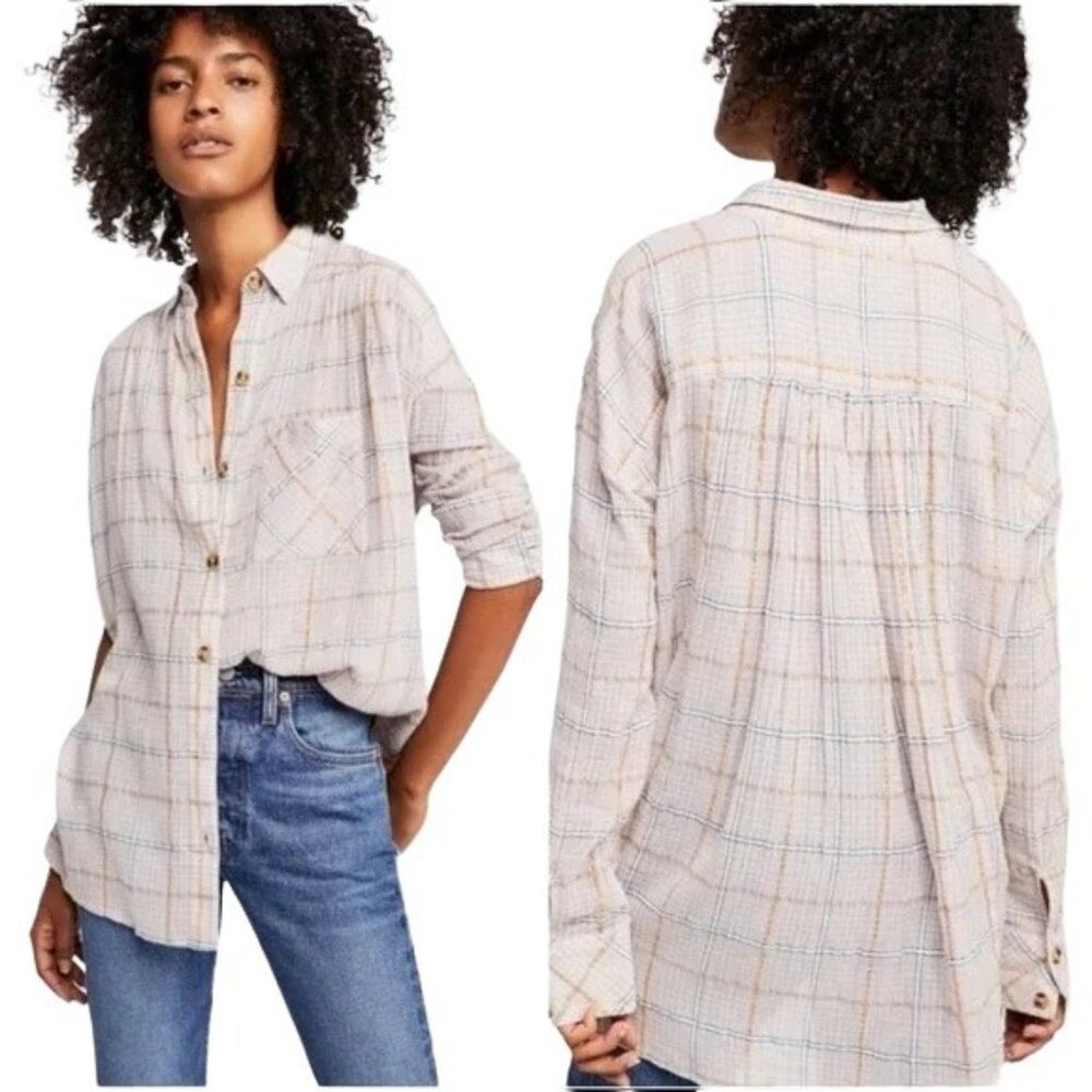 Free People Break My Stripe Pink Oversized Plaid Button Down Top
